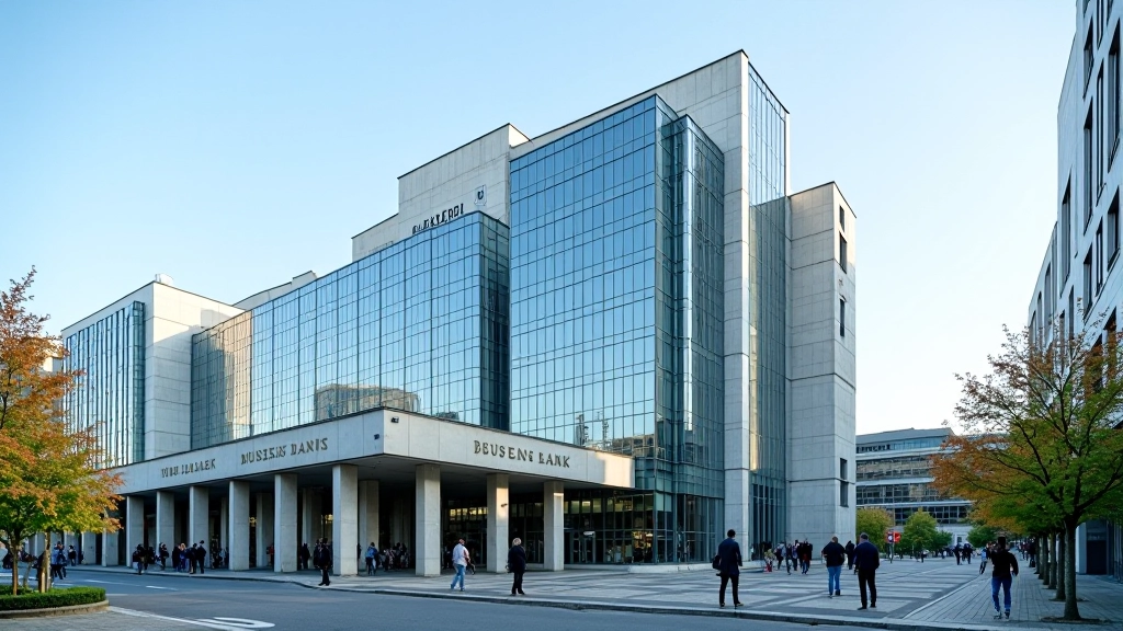 Bundesbank-Gebäude in Frankfurt mit modernen Glasfassaden und historischer Architektur unter blauem Himmel