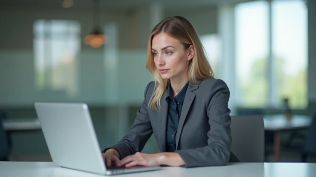 Professionelle Finanzanalystin am Schreibtisch mit Laptop und wirtschaftlichen Berichten, konzentriert auf Datenanalyse