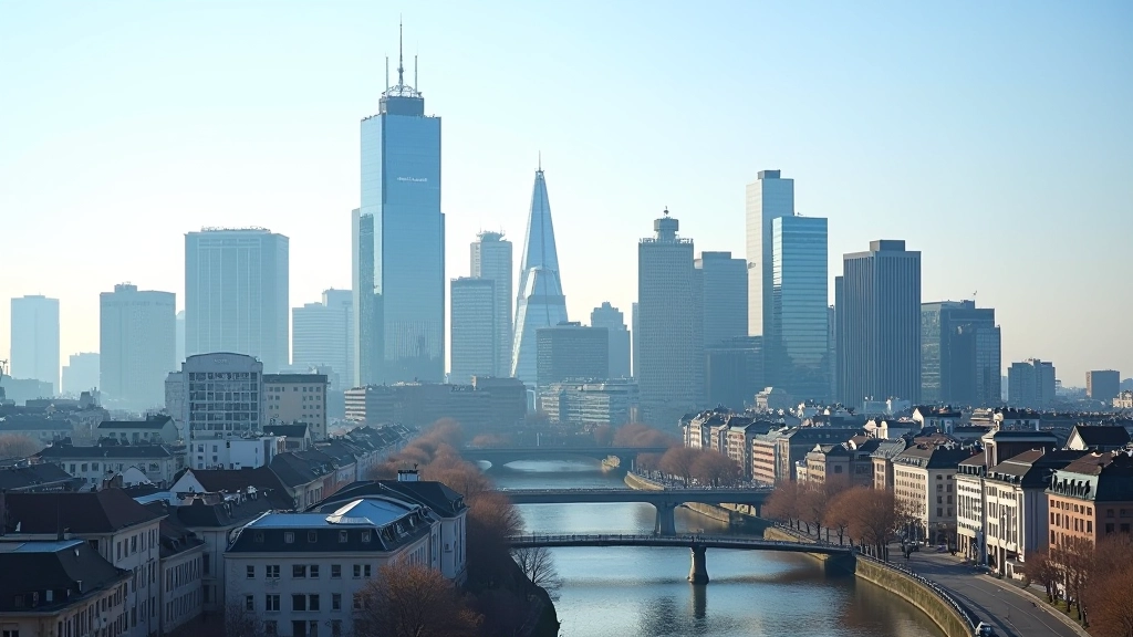 Moderne Finanzdistrikte mit Bankgebäuden und Geschäftstürmen in Frankfurt am Main