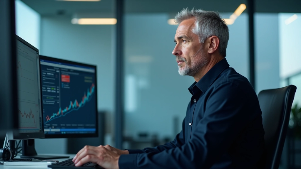 Modernes Wirtschaftsbüro mit Finanzanalyst bei der Überprüfung von BIP-Wachstumstrends auf Computerbildschirmen mit Grafiken und Daten