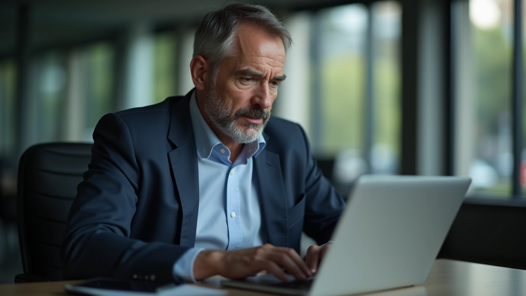 Älterer Arbeitnehmer bei der Arbeit am Schreibtisch mit Laptop und Dokumenten, konzentriert auf Aufgabe