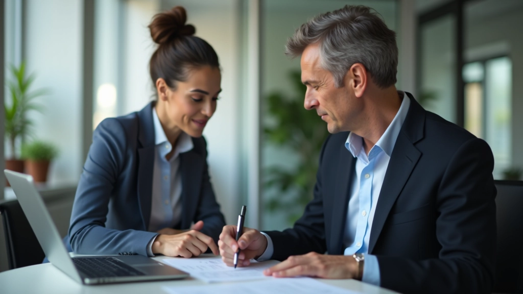 Zwei Arbeitnehmer mittleren Alters bei Zusammenarbeit am Tisch mit Laptop und Notizen