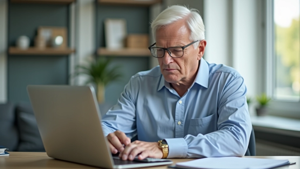 Älterer Mensch nutzt Laptop für Online-Banking und Portfolio-Verwaltung an Schreibtisch mit Taschenrechner