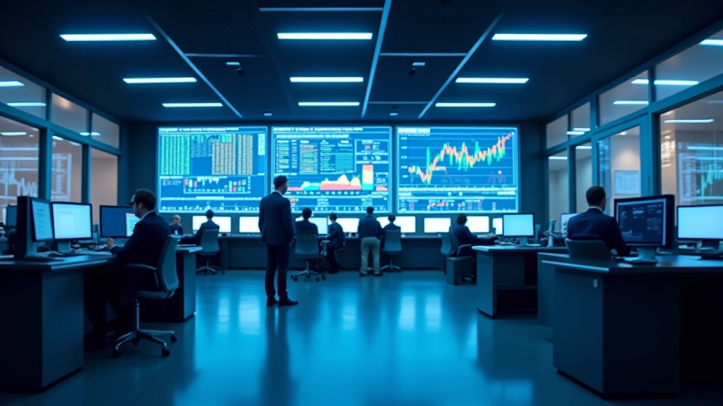 Moderne Börsenhandelszentrale mit großen digitalen Anzeigetafeln und Echtzeit-Wirtschaftsdaten in einem professionellen Finanzumfeld