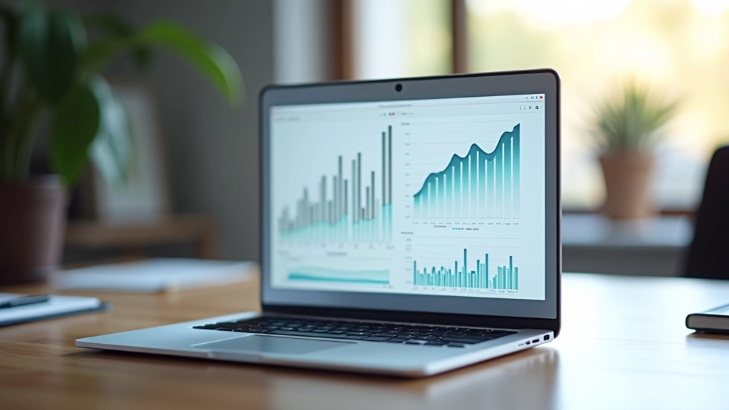 Wirtschaftsdatenanalyse mit Grafiken und Tabellen auf einem modernen Laptop-Bildschirm in einem professionellen Büro