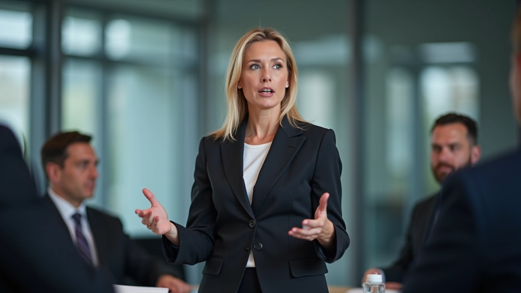 Frau mittleren Alters in Geschäftskleidung bei Präsentation vor Gruppe, selbstbewusste Körperhaltung